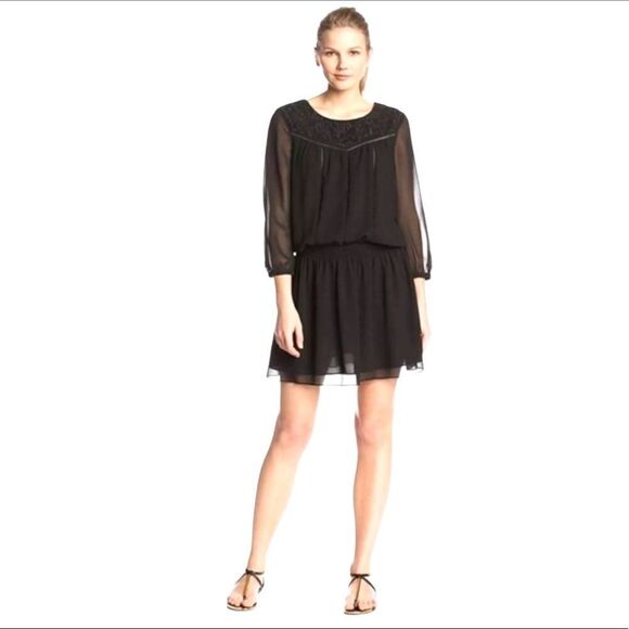 Sam Edelman Black Chiffon Mini Dress Size Small Smocked Embroidery Lined - Picture 1 of 8